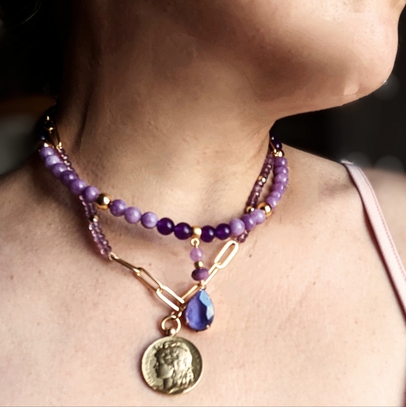 Natural Purple Jade & Amethyst Two Strand Bead In Paperclip Chain Necklace - Picture 9 of 10